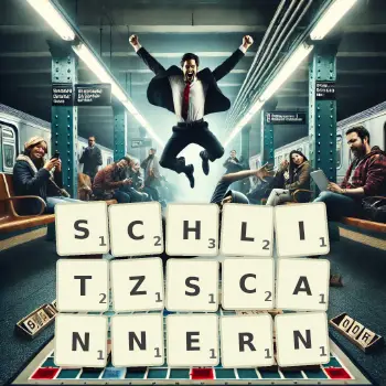 Kreative Illustration für ein Scrabble-Spiel, bei dem das Wort SCHLITZSCANNERN mit Steinen auf dem Brett gelegt wurde.