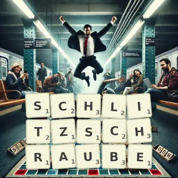 Kreative Illustration für ein Scrabble-Spiel, bei dem das Wort SCHLITZSCHRAUBE mit Steinen auf dem Brett gelegt wurde.