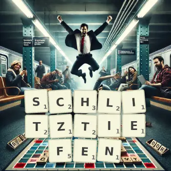 Kreative Illustration für ein Scrabble-Spiel, bei dem das Wort SCHLITZTIEFEN mit Steinen auf dem Brett gelegt wurde.