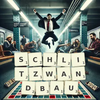 Kreative Illustration für ein Scrabble-Spiel, bei dem das Wort SCHLITZWANDBAU mit Steinen auf dem Brett gelegt wurde.