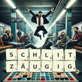 Kreative Illustration für ein Scrabble-Spiel, bei dem das Wort SCHLITZÄUGIG mit Steinen auf dem Brett gelegt wurde.