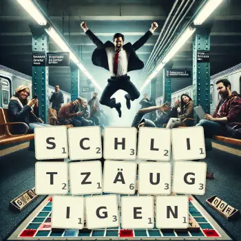 Kreative Illustration für ein Scrabble-Spiel, bei dem das Wort SCHLITZÄUGIGEN mit Steinen auf dem Brett gelegt wurde.