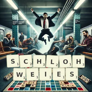 Kreative Illustration für ein Scrabble-Spiel, bei dem das Wort SCHLOHWEIES mit Steinen auf dem Brett gelegt wurde.