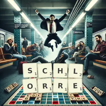 Kreative Illustration für ein Scrabble-Spiel, bei dem das Wort SCHLORRE mit Steinen auf dem Brett gelegt wurde.