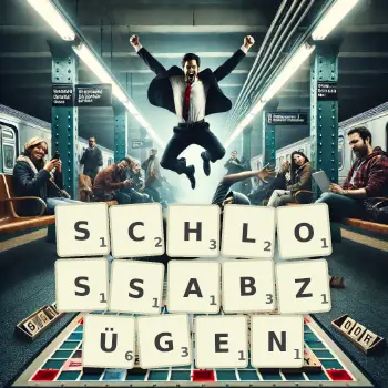 Kreative Illustration für ein Scrabble-Spiel, bei dem das Wort SCHLOSSABZÜGEN mit Steinen auf dem Brett gelegt wurde.