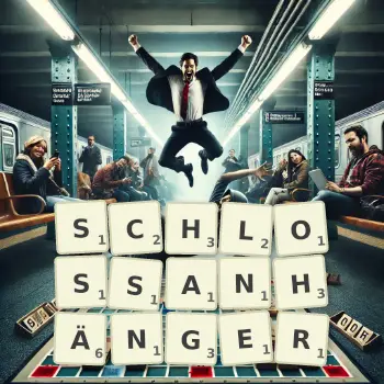 Kreative Illustration für ein Scrabble-Spiel, bei dem das Wort SCHLOSSANHÄNGER mit Steinen auf dem Brett gelegt wurde.