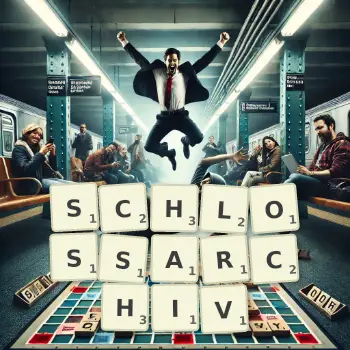 Kreative Illustration für ein Scrabble-Spiel, bei dem das Wort SCHLOSSARCHIV mit Steinen auf dem Brett gelegt wurde.