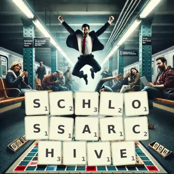 Kreative Illustration für ein Scrabble-Spiel, bei dem das Wort SCHLOSSARCHIVE mit Steinen auf dem Brett gelegt wurde.