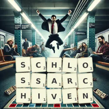 Kreative Illustration für ein Scrabble-Spiel, bei dem das Wort SCHLOSSARCHIVEN mit Steinen auf dem Brett gelegt wurde.