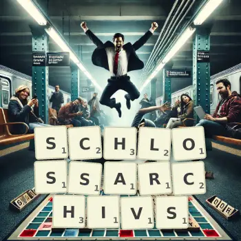 Kreative Illustration für ein Scrabble-Spiel, bei dem das Wort SCHLOSSARCHIVS mit Steinen auf dem Brett gelegt wurde.