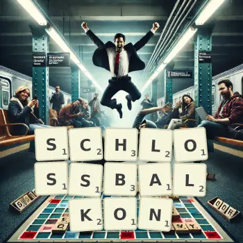 Kreative Illustration für ein Scrabble-Spiel, bei dem das Wort SCHLOSSBALKON mit Steinen auf dem Brett gelegt wurde.