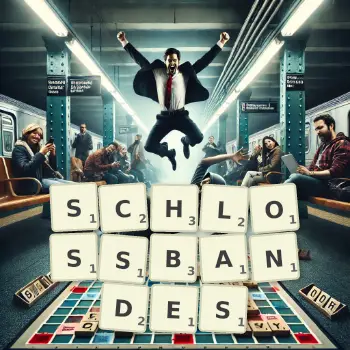 Kreative Illustration für ein Scrabble-Spiel, bei dem das Wort SCHLOSSBANDES mit Steinen auf dem Brett gelegt wurde.