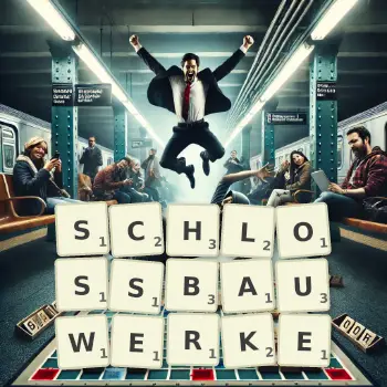 Kreative Illustration für ein Scrabble-Spiel, bei dem das Wort SCHLOSSBAUWERKE mit Steinen auf dem Brett gelegt wurde.