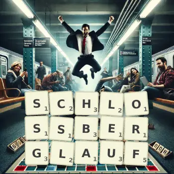 Kreative Illustration für ein Scrabble-Spiel, bei dem das Wort SCHLOSSBERGLAUF mit Steinen auf dem Brett gelegt wurde.