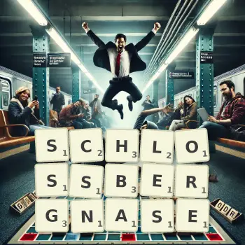 Kreative Illustration für ein Scrabble-Spiel, bei dem das Wort SCHLOSSBERGNASE mit Steinen auf dem Brett gelegt wurde.