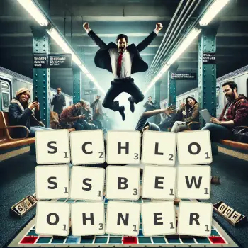 Kreative Illustration für ein Scrabble-Spiel, bei dem das Wort SCHLOSSBEWOHNER mit Steinen auf dem Brett gelegt wurde.