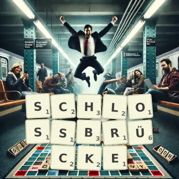 Kreative Illustration für ein Scrabble-Spiel, bei dem das Wort SCHLOSSBRÜCKE mit Steinen auf dem Brett gelegt wurde.