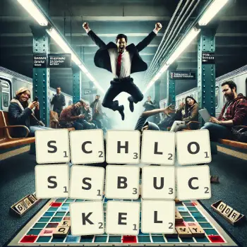 Kreative Illustration für ein Scrabble-Spiel, bei dem das Wort SCHLOSSBUCKEL mit Steinen auf dem Brett gelegt wurde.