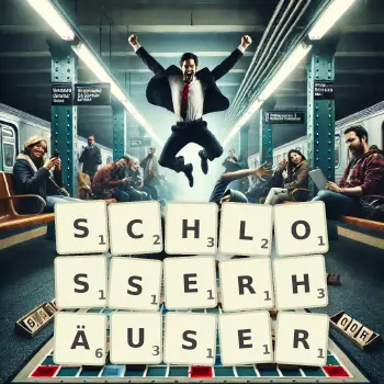 Kreative Illustration für ein Scrabble-Spiel, bei dem das Wort SCHLOSSERHÄUSER mit Steinen auf dem Brett gelegt wurde.