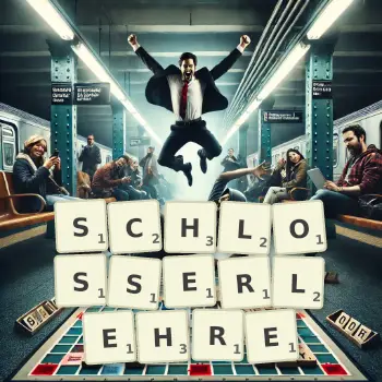 Kreative Illustration für ein Scrabble-Spiel, bei dem das Wort SCHLOSSERLEHRE mit Steinen auf dem Brett gelegt wurde.