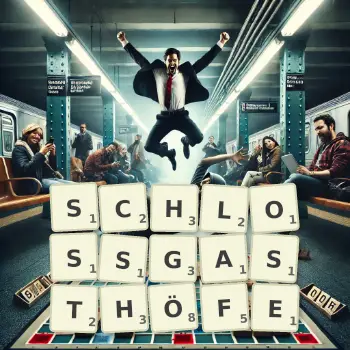 Kreative Illustration für ein Scrabble-Spiel, bei dem das Wort SCHLOSSGASTHÖFE mit Steinen auf dem Brett gelegt wurde.