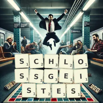 Kreative Illustration für ein Scrabble-Spiel, bei dem das Wort SCHLOSSGEISTES mit Steinen auf dem Brett gelegt wurde.