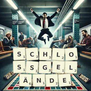 Kreative Illustration für ein Scrabble-Spiel, bei dem das Wort SCHLOSSGELÄNDE mit Steinen auf dem Brett gelegt wurde.