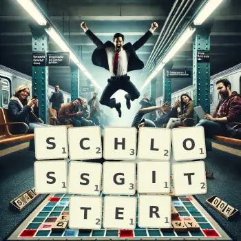 Kreative Illustration für ein Scrabble-Spiel, bei dem das Wort SCHLOSSGITTER mit Steinen auf dem Brett gelegt wurde.