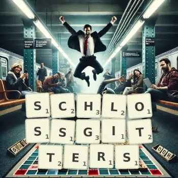 Kreative Illustration für ein Scrabble-Spiel, bei dem das Wort SCHLOSSGITTERS mit Steinen auf dem Brett gelegt wurde.