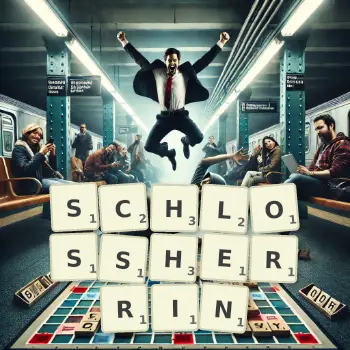 Kreative Illustration für ein Scrabble-Spiel, bei dem das Wort SCHLOSSHERRIN mit Steinen auf dem Brett gelegt wurde.