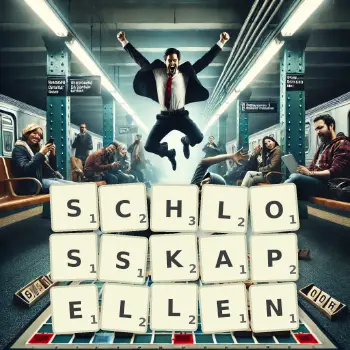 Kreative Illustration für ein Scrabble-Spiel, bei dem das Wort SCHLOSSKAPELLEN mit Steinen auf dem Brett gelegt wurde.