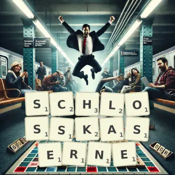 Kreative Illustration für ein Scrabble-Spiel, bei dem das Wort SCHLOSSKASERNE mit Steinen auf dem Brett gelegt wurde.