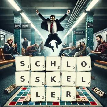 Kreative Illustration für ein Scrabble-Spiel, bei dem das Wort SCHLOSSKELLER mit Steinen auf dem Brett gelegt wurde.