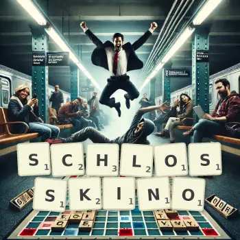 Kreative Illustration für ein Scrabble-Spiel, bei dem das Wort SCHLOSSKINO mit Steinen auf dem Brett gelegt wurde.