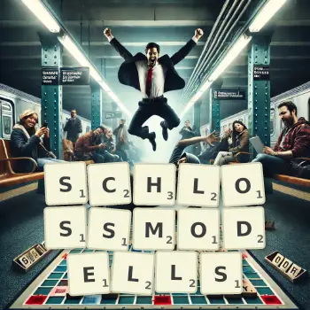 Kreative Illustration für ein Scrabble-Spiel, bei dem das Wort SCHLOSSMODELLS mit Steinen auf dem Brett gelegt wurde.