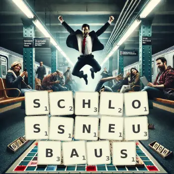 Kreative Illustration für ein Scrabble-Spiel, bei dem das Wort SCHLOSSNEUBAUS mit Steinen auf dem Brett gelegt wurde.