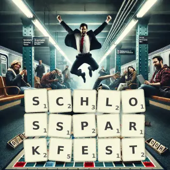 Kreative Illustration für ein Scrabble-Spiel, bei dem das Wort SCHLOSSPARKFEST mit Steinen auf dem Brett gelegt wurde.