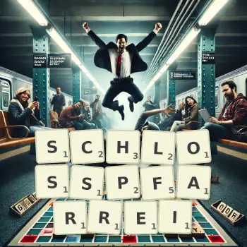 Kreative Illustration für ein Scrabble-Spiel, bei dem das Wort SCHLOSSPFARREI mit Steinen auf dem Brett gelegt wurde.