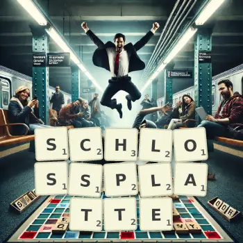 Kreative Illustration für ein Scrabble-Spiel, bei dem das Wort SCHLOSSPLATTE mit Steinen auf dem Brett gelegt wurde.