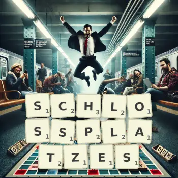 Kreative Illustration für ein Scrabble-Spiel, bei dem das Wort SCHLOSSPLATZES mit Steinen auf dem Brett gelegt wurde.