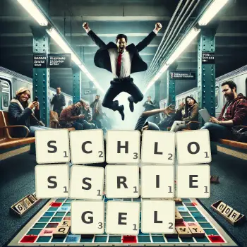 Kreative Illustration für ein Scrabble-Spiel, bei dem das Wort SCHLOSSRIEGEL mit Steinen auf dem Brett gelegt wurde.
