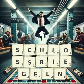 Kreative Illustration für ein Scrabble-Spiel, bei dem das Wort SCHLOSSRIEGELN mit Steinen auf dem Brett gelegt wurde.