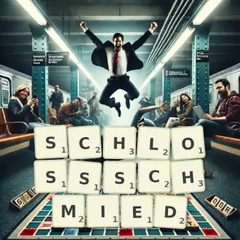 Kreative Illustration für ein Scrabble-Spiel, bei dem das Wort SCHLOSSSCHMIED mit Steinen auf dem Brett gelegt wurde.