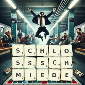 Kreative Illustration für ein Scrabble-Spiel, bei dem das Wort SCHLOSSSCHMIEDE mit Steinen auf dem Brett gelegt wurde.