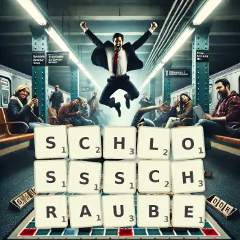 Kreative Illustration für ein Scrabble-Spiel, bei dem das Wort SCHLOSSSCHRAUBE mit Steinen auf dem Brett gelegt wurde.