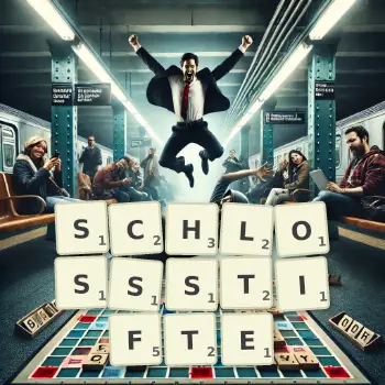 Kreative Illustration für ein Scrabble-Spiel, bei dem das Wort SCHLOSSSTIFTE mit Steinen auf dem Brett gelegt wurde.