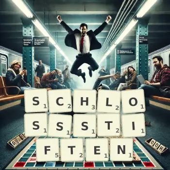 Kreative Illustration für ein Scrabble-Spiel, bei dem das Wort SCHLOSSSTIFTEN mit Steinen auf dem Brett gelegt wurde.