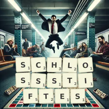 Kreative Illustration für ein Scrabble-Spiel, bei dem das Wort SCHLOSSSTIFTES mit Steinen auf dem Brett gelegt wurde.