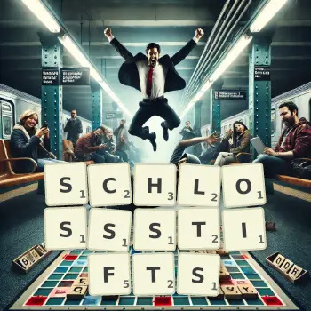 Kreative Illustration für ein Scrabble-Spiel, bei dem das Wort SCHLOSSSTIFTS mit Steinen auf dem Brett gelegt wurde.