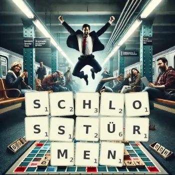 Kreative Illustration für ein Scrabble-Spiel, bei dem das Wort SCHLOSSTÜRMEN mit Steinen auf dem Brett gelegt wurde.